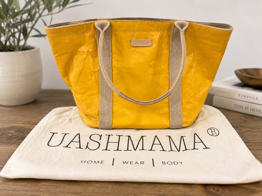 Uashmama Italian Washable Paper Tote Mustard Yellow Minimalist Bag